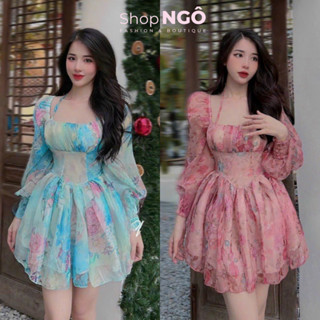  Đầm váy nữ voan hoa trễ vay tay dài cột dây yếm dập ly hack eo dáng xòe 2 màu bánh bèo đi biển,đi chơi đi tiệc 
