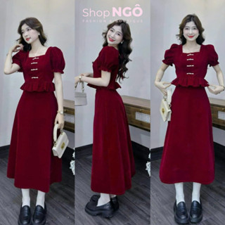 Set váy thời trang nữ đi chơi TẾT.Set váy NHUNG áo cổ vuông  tay bồng  đính nút kèm chân váy dàng dài siêu xinh