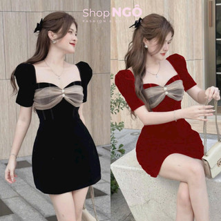 Đầm váy nữ đi tiệc sang chảnh đầm nhung đen cổ tim phối tơ đính ngọc tay bồng dáng chữ A tiểu thư sang chảnh