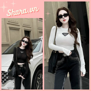 Áo croptop body dài tay logo pờ ra đà, áo thun body nữ dài tay hai màu basic sexy sang chảnh Shara SR793 KT