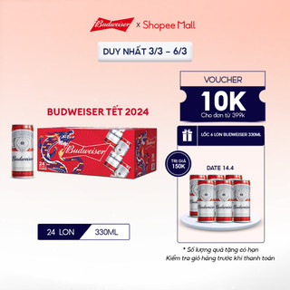 Thùng 24 Lon Bia Budweiser Sleek Can Chính Hãng (330ml/ lon) - Phiên Bản Tết 2024