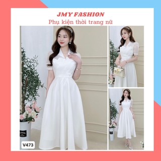 V473 Váy trắng sơ mi xòe dáng dài tiểu thư [TH Hà Thanh] đầm trắng thiết kế xếp ly ngực sang chảnh