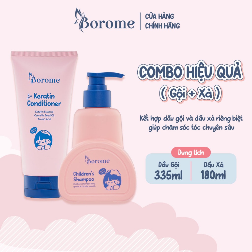  Combo dầu gội + dầu xả trẻ em Borome gấp đôi Keratin giúp tóc suôn mượt, chắc khỏe, dung tích 335ml