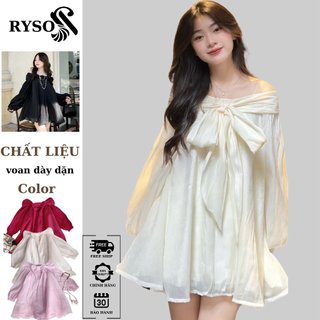 Đầm Phồng Cột Nơ Lệch Vai Giấu Quần ,Áo babydoll trễ vai RYSO FASHION tay bồng xòe thắt nơ 2 lớp cao cấp chất voan tơ