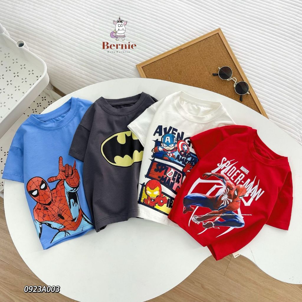 Áo phông áo thun bé trai siêu nhân người nhện batman caption màu trắng màu đỏ cho bé Shushibaby 8 đến 25kg