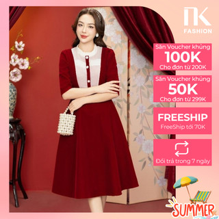 Đầm Nhung Xòe Xếp Cổ Tơ Xếp Bèo NK Fashion Công Sở Nữ, Đầm Tiệc Cuối Năm, Chất Liệu Cao Cấp, Thanh Lịch NKDV2312003
