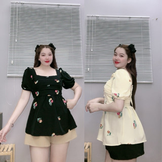 Bộ Đồ Quần Áo Thời Trang Bigsize Nữ Thiết Kế Nhún Trước Cổ Vuông Tay Bồng Cách Điệu SET55