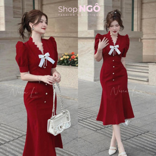 Đầm váy thời trang nữ,đầm TUYẾT NHUNG đỏ đuôi cá tag nơ trắng đính nút tay phồng sang trọng cho nàng đi tiệc,chơi TẾT