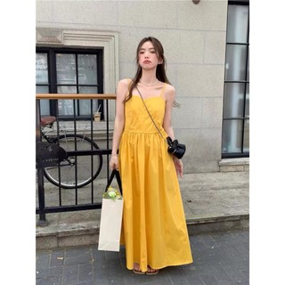 (ORDER) Váy hai dây màu vàng nổi bật xòe dài điệu đà maxi mùa hè nhẹ nhàng hàng Quảng Châu