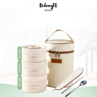 Hộp đựng cơm giữ nhiệt văn phòng lúa mạch Lunch box 3 tầng Inox 304 chống gỉ cao cấp, có quai xách chắc chắn (didooglt)