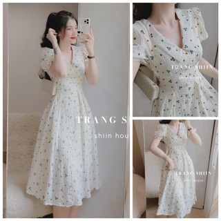 Đầm váy nữ xốp hoa xòe dáng dài cổ chữ v đính nút bọc chiết eo nhẹ nhàng diện đi chơi, hẹn hò xinh xắn