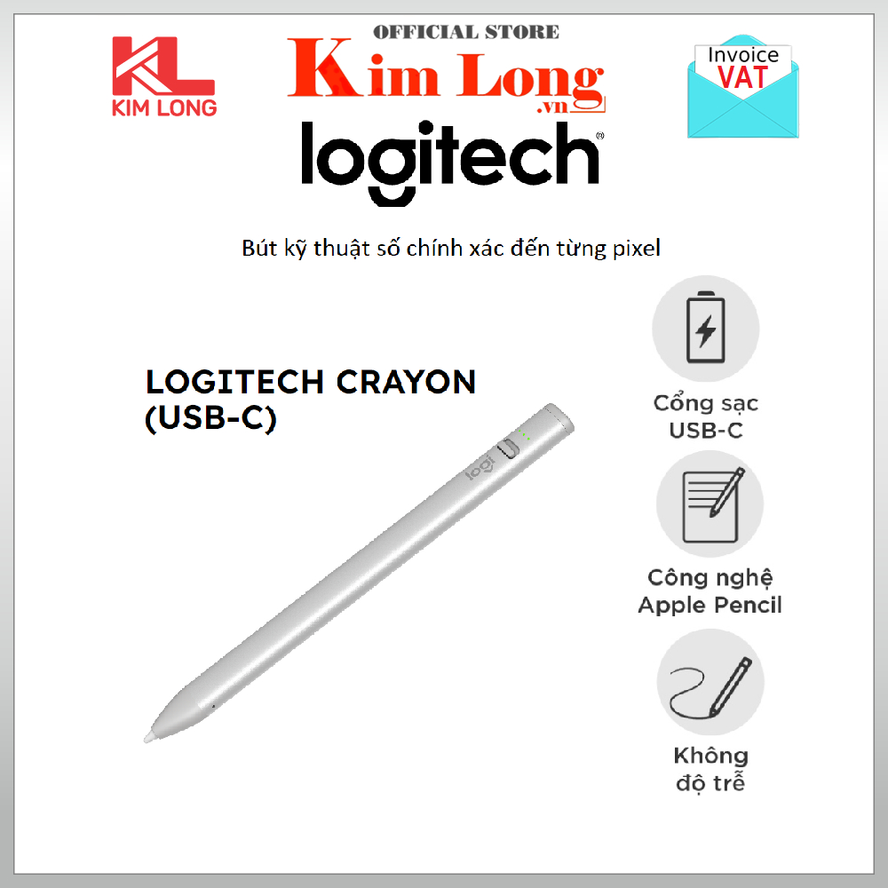 Bút cảm ứng Logitech Crayon Không độ trễ, Sạc nhanh Usb C - Bảo hành 12 tháng
