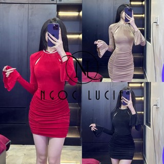 D588 - Đầm Tay Nhún Hông, Đính Chuỗi Đá Cổ