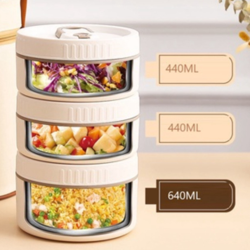 Hộp đựng cơm giữ nhiệt văn phòng lúa mạch Lunch box 3 tầng Inox 304 chống gỉ cao cấp, có quai xách chắc chắn (didooglt) | BigBuy360 - bigbuy360.vn