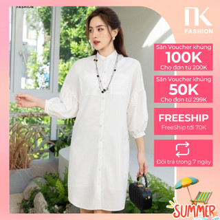Đầm Sơ Mi Suông Cổ Tàu Vai Chôm Tay Bồng NK Fashion Chất Vải Nhập Hàn Cao Cấp Không Nhăn Xù NKDV2208003