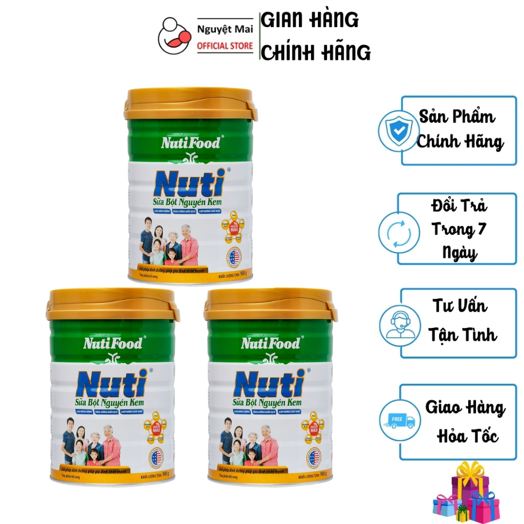 Combo 3 Hộp Sữa Bột Nutifood Nguyên Kem Nuti Hộp 900g (Giải pháp dinh dưỡng giúp cả nhà khỏe mạnh)