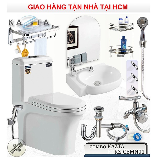 Combo Thiết Bị Nhà Tắm Nhỏ Gọn KAZTA KZ-CBMN01: Bồn Cầu 1 Khối-Vòi Xịt-Lavabo Góc-Vòi Lạnh-Bộ Sen Tắm Lạnh-Gương