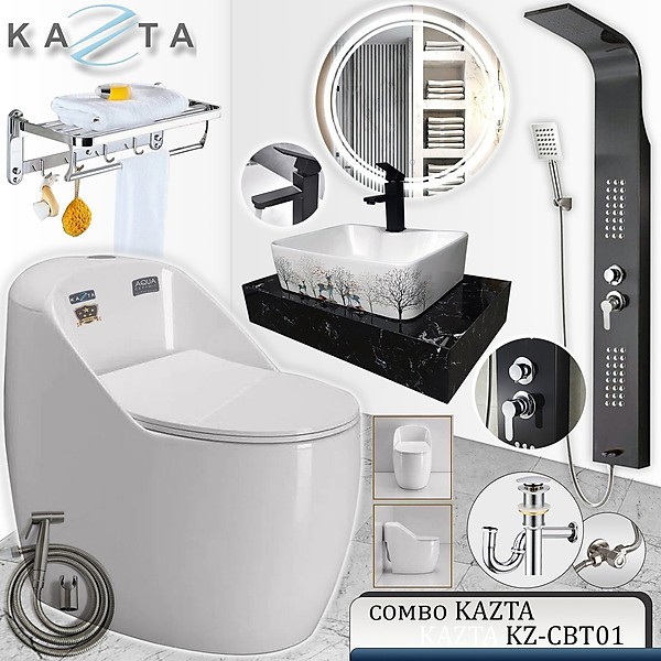 Combo Thiết Bị Nhà Tắm Cao Cấp KAZTA KZ-CBT01: Bồn Cầu Trứng Nắp Êm-Lavabo Đặt Bàn Đá-Sen Tắm Đứng Nóng Lạnh