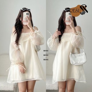 Đầm Trễ Vai Tay Bồng Hàn Quốc Dáng Ngắn Váy Trễ Vai Vải Tơ Bóng 2 Lớp Đính Đá Sang Trọng , Đầm Baby Doll Dáng Phồng RESU