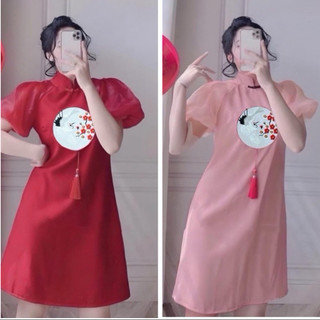 Đầm Bigsize Thêu 5D Tay Bồng Lụa Hàn, Váy Mặc Tết Dễ Thương Sang Trọng 50-95kg Múp Xinh Big Size