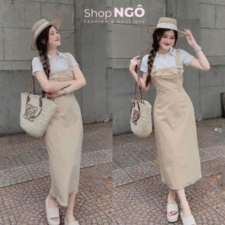  Set yếm váy nữ đi chơi áo polo trắng croptop phối yếm kaki nude midi dài suông xẻ tà sau style hàn quốc trẻ trung 