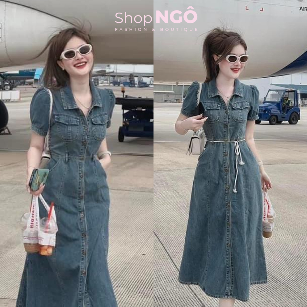 Đầm váy nữ đi chơi,đầm jean sơ mi dáng dài kèm đai thanh lịch chất denim jean quảng châu xinh xắn
