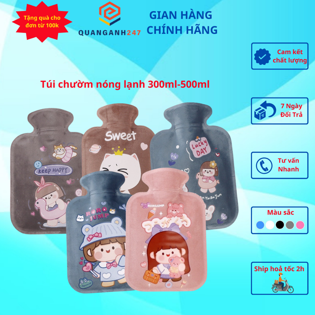 Túi chườm nóng lạnh 500ml lông mịn in hoạ tiết hoạt hình giúp giảm đau sưng tấy - QA HAPPY LIFE vì sức khoẻ cộng đồng