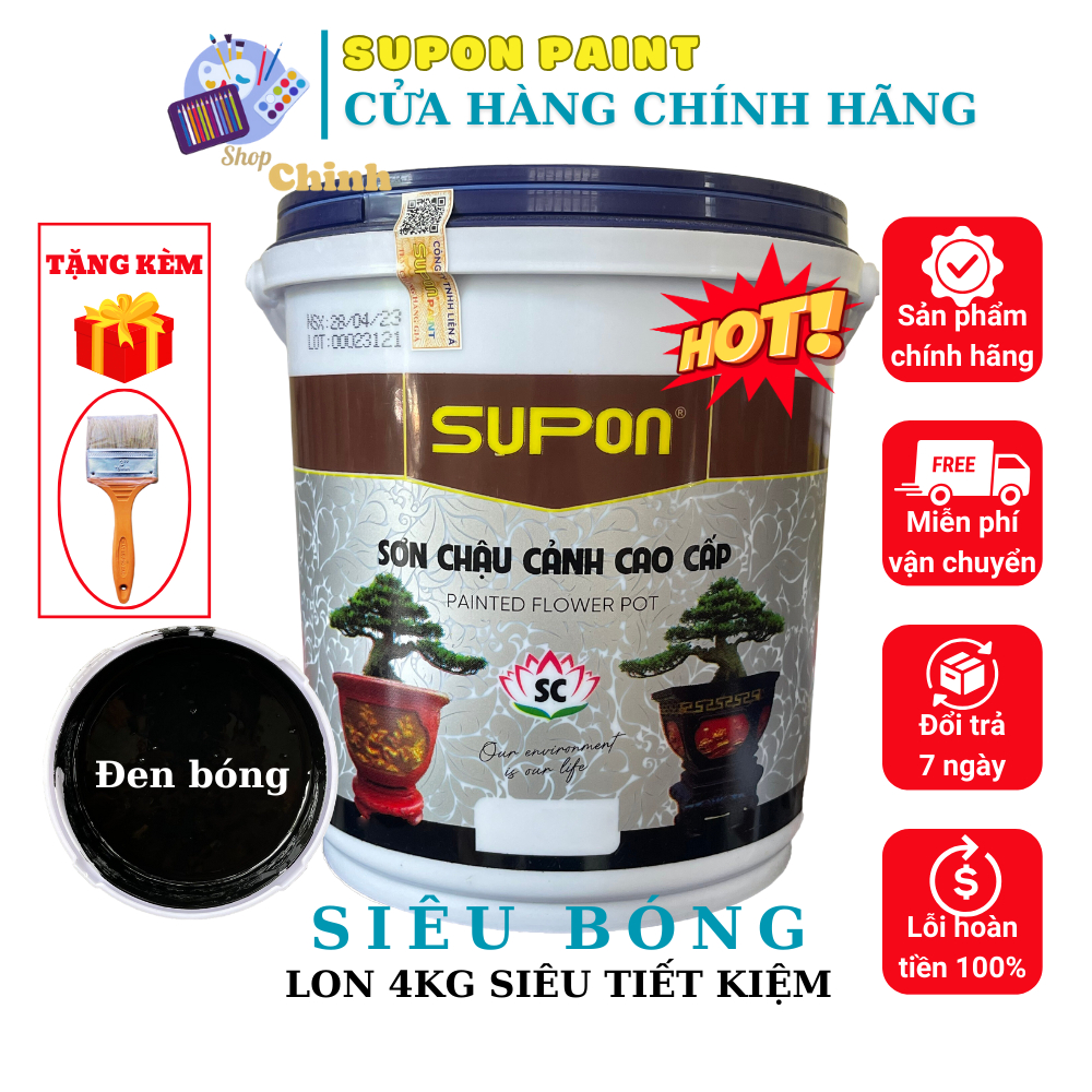 Sơn chậu cảnh Supon màu đen bóng 1kg - Hệ nước, sơn trực tiếp không cần lót