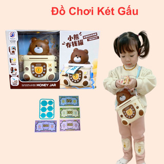 Két tiền mini cho bé đồ chơi két tiền hình túi gấu nâu có nhạc vui nhộn dây đeo tiện lợi