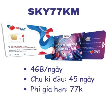 Sim 4G Mobifone : VNSKY SKY77 4GB VNSKY77 tốc độ cao/ngày - Miễn Phí 45 Ngày đầu hệ sinh thái VNPAY 