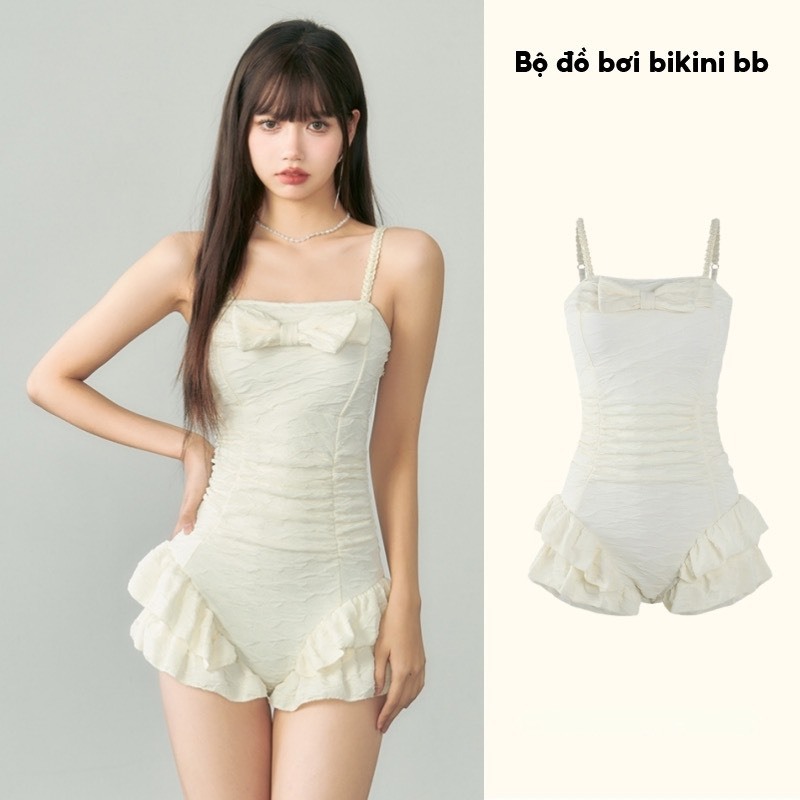 Bikini nữ 2 dây màu trơn liền thân be kem quần bèo EDA - Đồ đi biển đáng yêu Hàn quốc | BigBuy360 - bigbuy360.vn