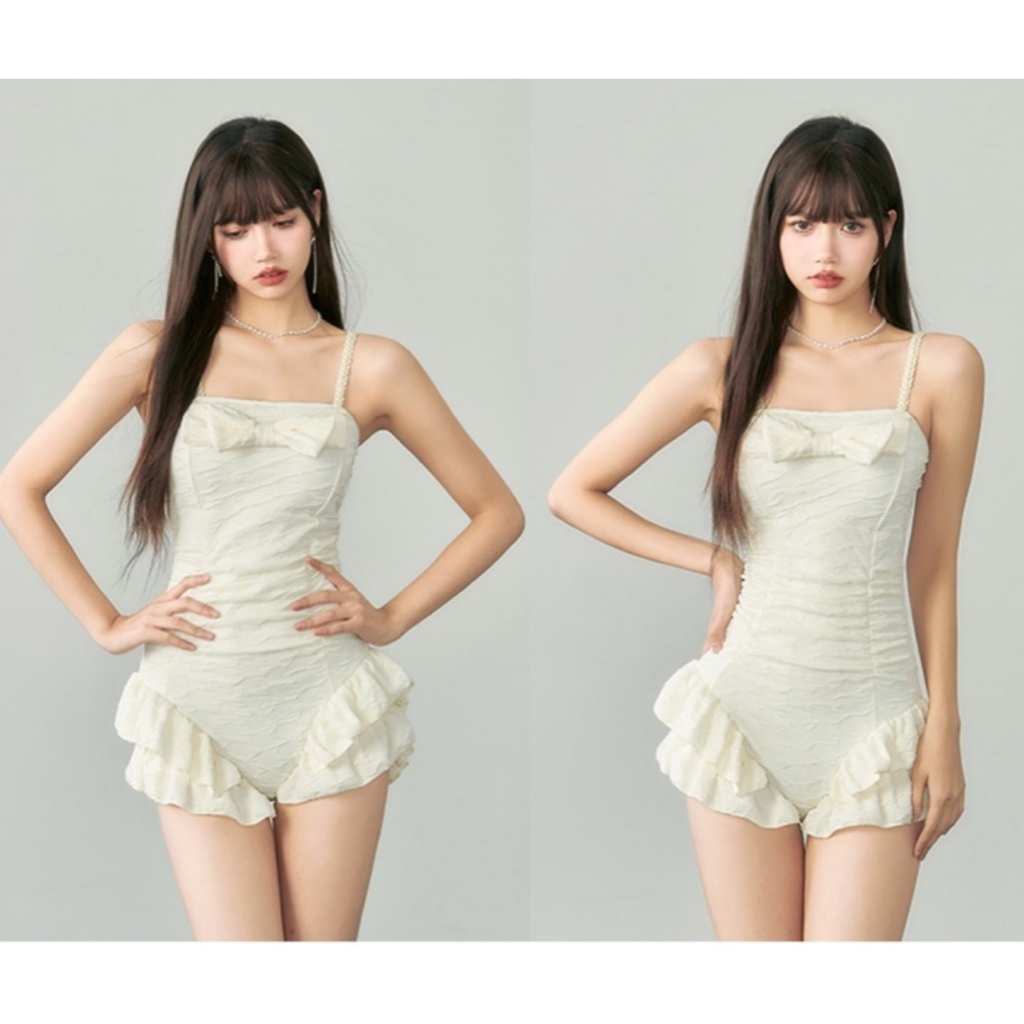 Bikini nữ 2 dây màu trơn liền thân be kem quần bèo EDA - Đồ đi biển đáng yêu Hàn quốc | BigBuy360 - bigbuy360.vn