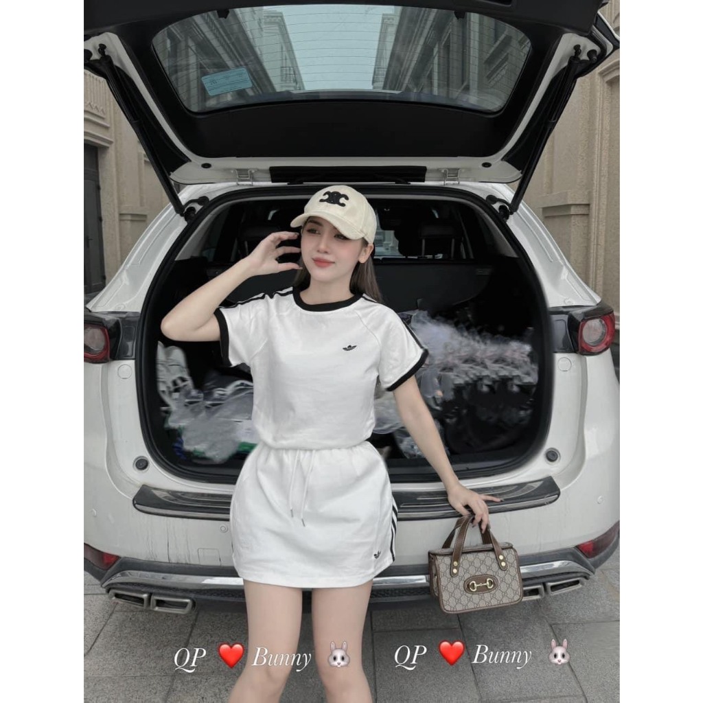set váy Adidas dáng A may sọc viền , chữ thêu ngực set cho mùa hè