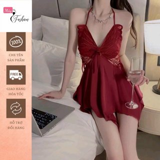 Váy ngủ hai dây cánh bướm xẻ trước, Đầm ngủ hai dây ren lụa cánh bướm sexy sang chảnh-MÂY