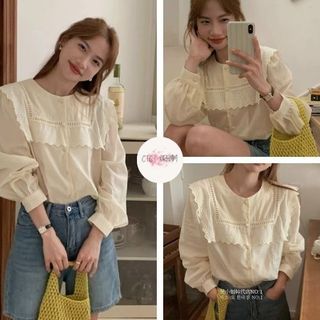 Áo sơ mi kiểu nữ Ulzzang, Áo sơ mi cổ bèo phối ren bên tiểu thư xinh xắn