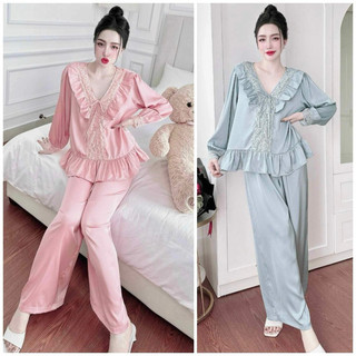 Đồ bộ nữ mặc nhà - mẫu tiểu thư áo tay dài quần dài siêu sang lụa latin mềm mặc mát đồ ngủ nữ cao cấp