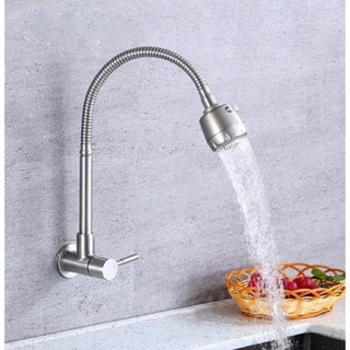 Vòi rửa chén lạnh âm tường inox sus 304, cần lò xo mềm.