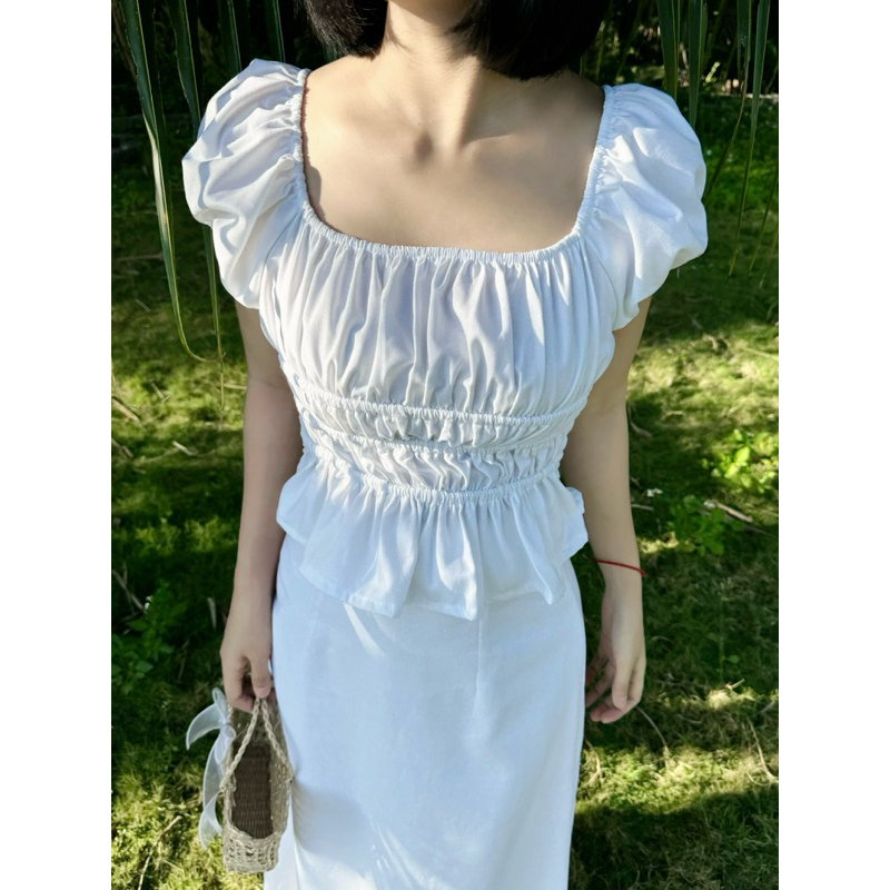 set linen áo tay bồng mặc được 2 kiểu luôn nhen