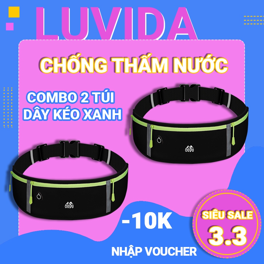 Combo 2 túi đeo bụng chạy bộ Oudu (dây kéo xanh) đựng điện thoại 7,2 inch có Jack cắm tai nghe, phản quang và chống nước