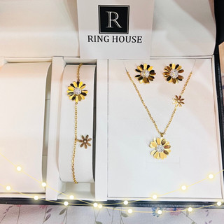 (Titan không đen) Set bộ trang sức nữ dây chuyền bông tai lắc tay nữ hoa cúc Ring House