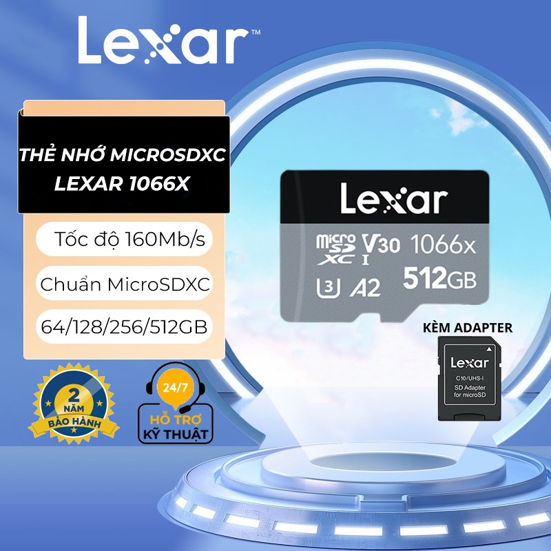 Thẻ nhớ microSDXC 64GB/ 128GB/ 256GB/ 512GB Lexar 1066x UHS-I A2 SILVER Series, chất lượng 4K, đọc 160Mb/s, ghi 120Mb/s