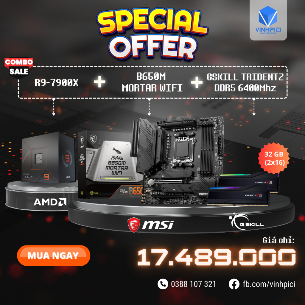 Combo AMD B650M MORTAR WIFI + R9 7900X + Ram G.SKILL TRIDENT Z5 RGB BLACK 32GB 6400MHz DDR5