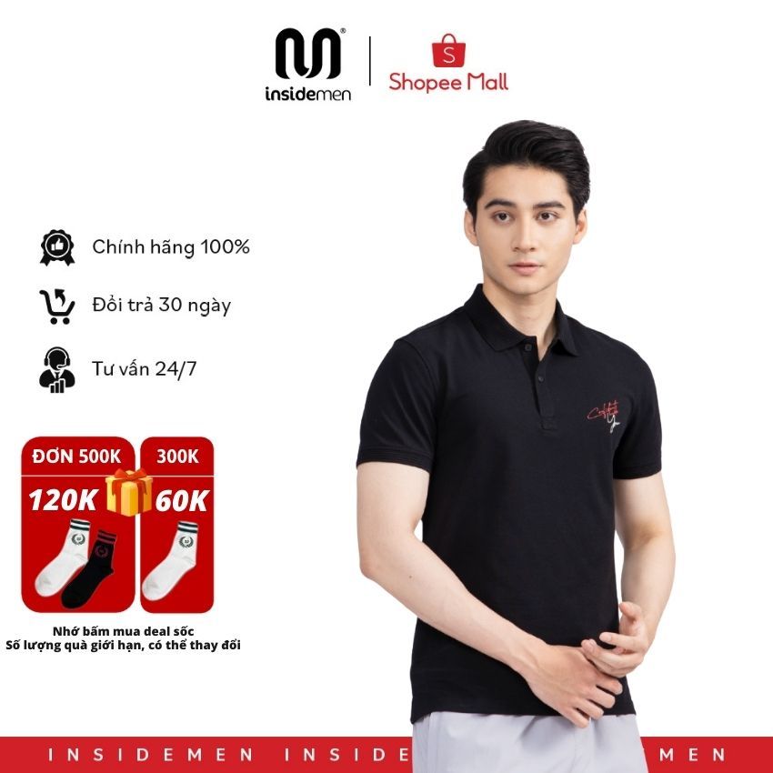 Áo polo nam INSIDEMEN chất thoáng khí thoải mái vải cotton trơn thêu chữ trên ngực IPS046S2