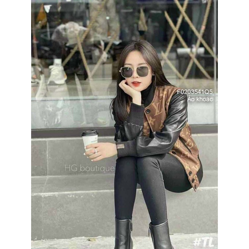 Áo khoác họa tiết tay dài đen phối da 0224 thaotranshop90 [kèm ảnh thật chụp sàn]