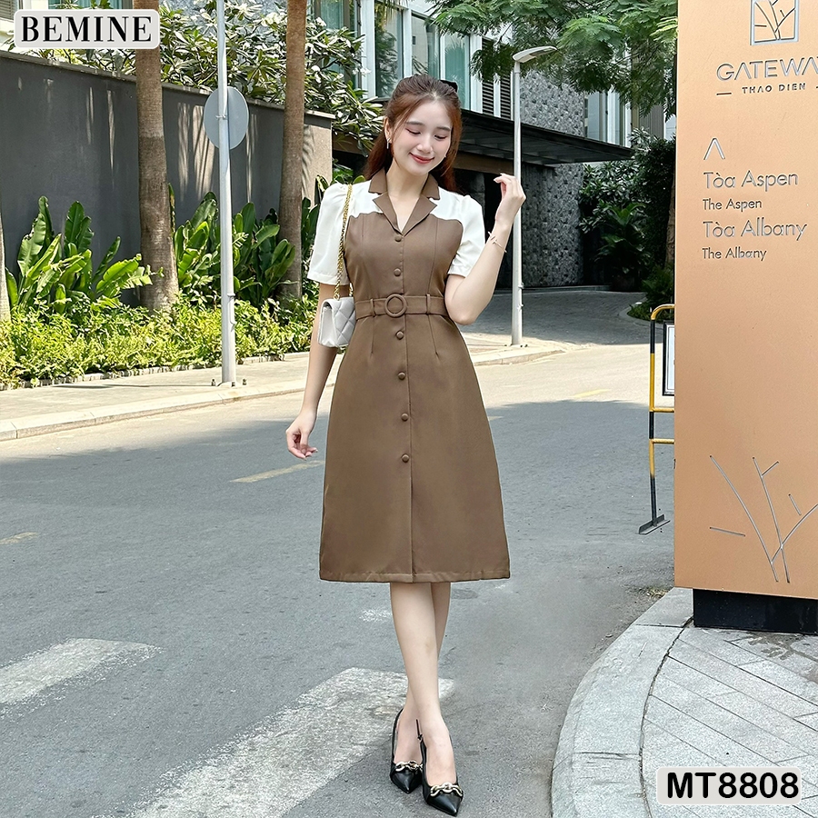 Đầm thiết kế công sở cổ vest phối tay tùng xoè BEMINE MT8808