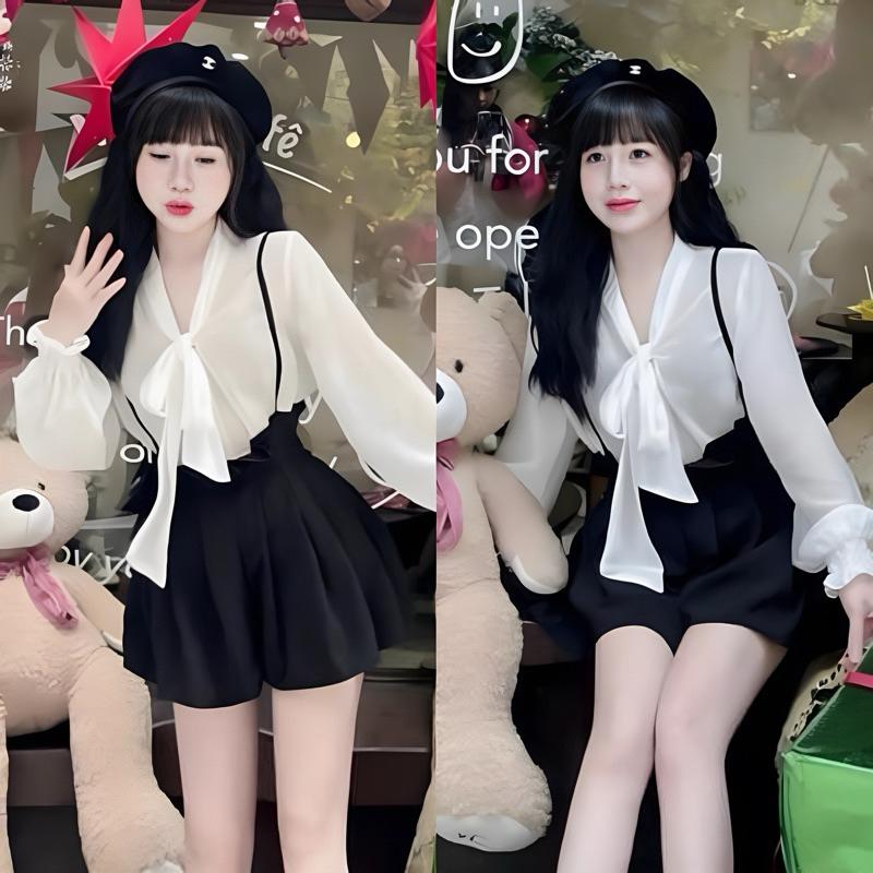 Set Yếm Đùi Lưng Chun Bèo + Áo Sơ Mi Trắng Cột Nơ Tay Dài