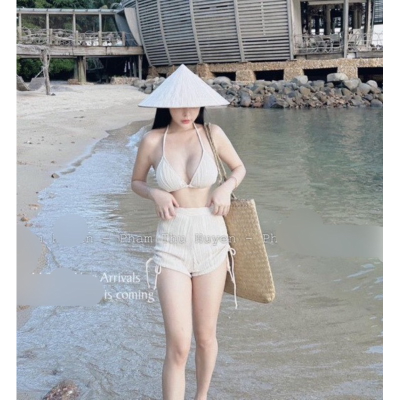 Bộ bikini quần đùi áo cột yếm hở lưng có mút, set đồ bơi đi biển màu đen trắng áo tắm tôn dáng sang chảnh sexy G714 | BigBuy360 - bigbuy360.vn