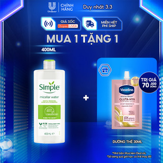 Nước tẩy trang Simple Micellar làm sạch 99% trang điểm, cho da thoáng mịn tức thì 400ml 