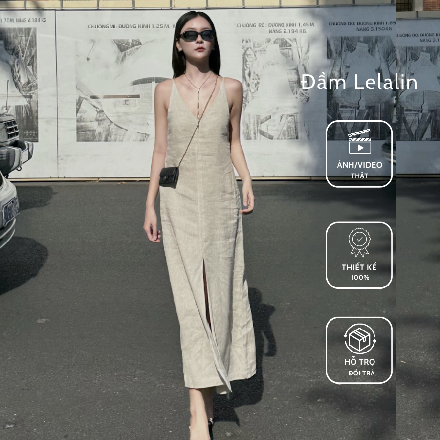 Váy hai dây linen Lelalin dáng suông, cổ khoét V phong cách thanh lịch tối giản | the tendy - natural & minimalist