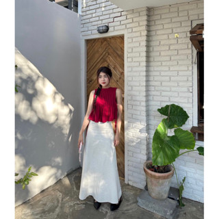 Hàng có sẵn - Set Áo Crop Xếp Li Phối Chân Váy Dài Chất Linen - Hình shop chụp [Một Mẩu House]